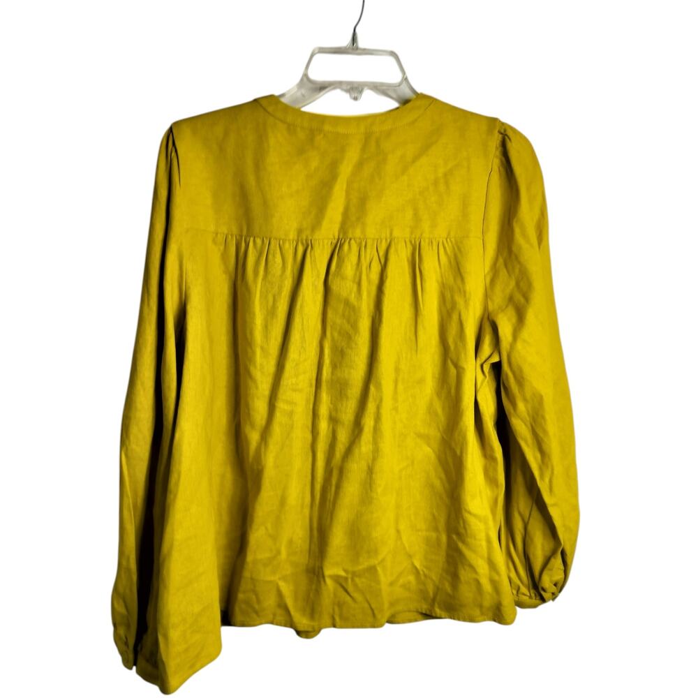 5578)Who What Wear L Chartreuse Yellow Peasant Linen Blend Button Front Blouse - Picture 2 of 8